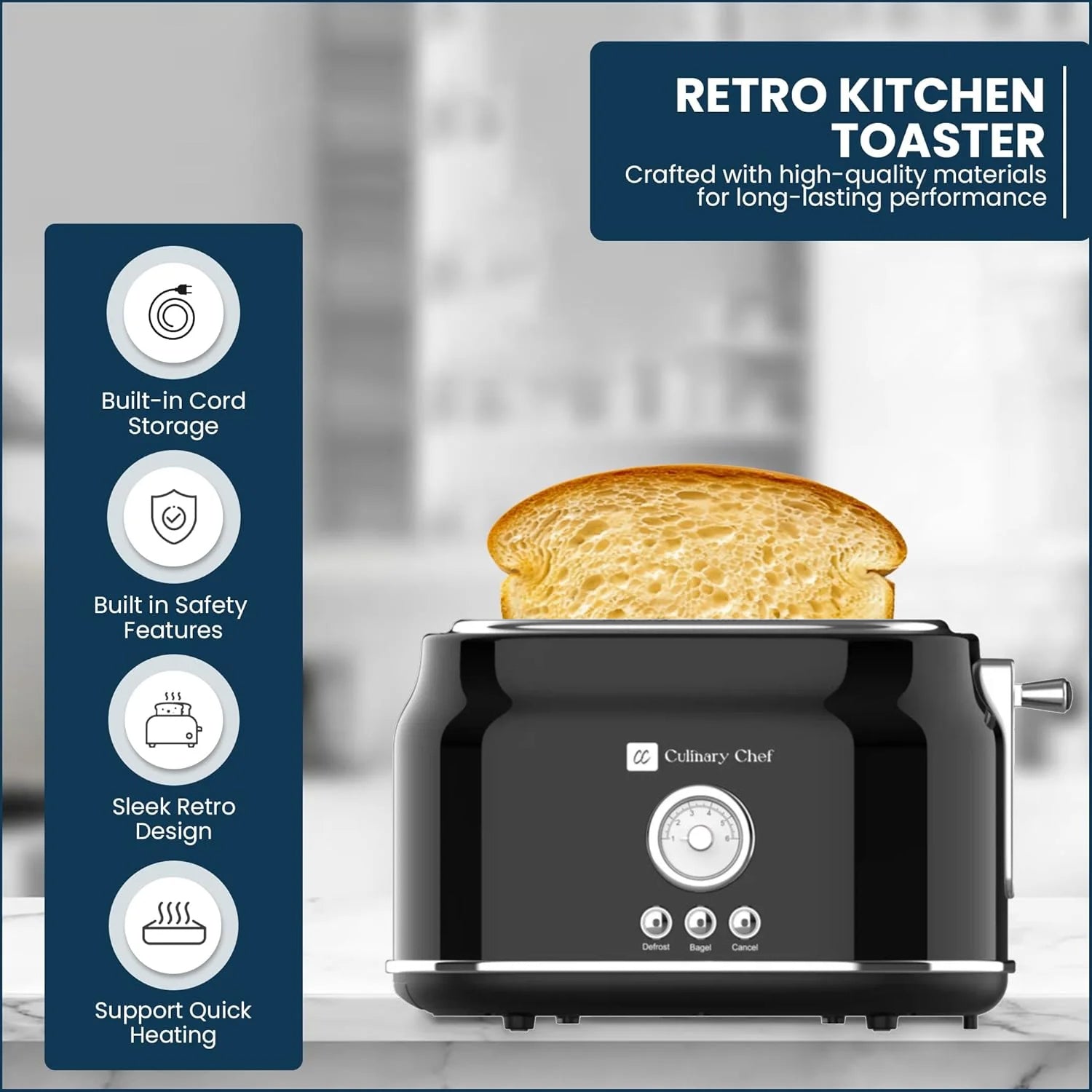 Culinary Chef Grille-Pain Rétro 2 Tranches – Fentes Larges, 5 Niveaux de Brunissage, Bagel, Décongélation et Annulation – 900W – Noir - Simple Boutique