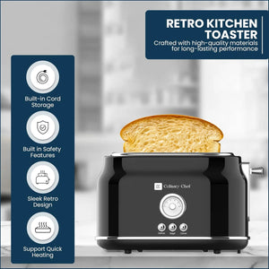 Culinary Chef Grille-Pain Rétro 2 Tranches – Fentes Larges, 5 Niveaux de Brunissage, Bagel, Décongélation et Annulation – 900W – Noir - Simple Boutique