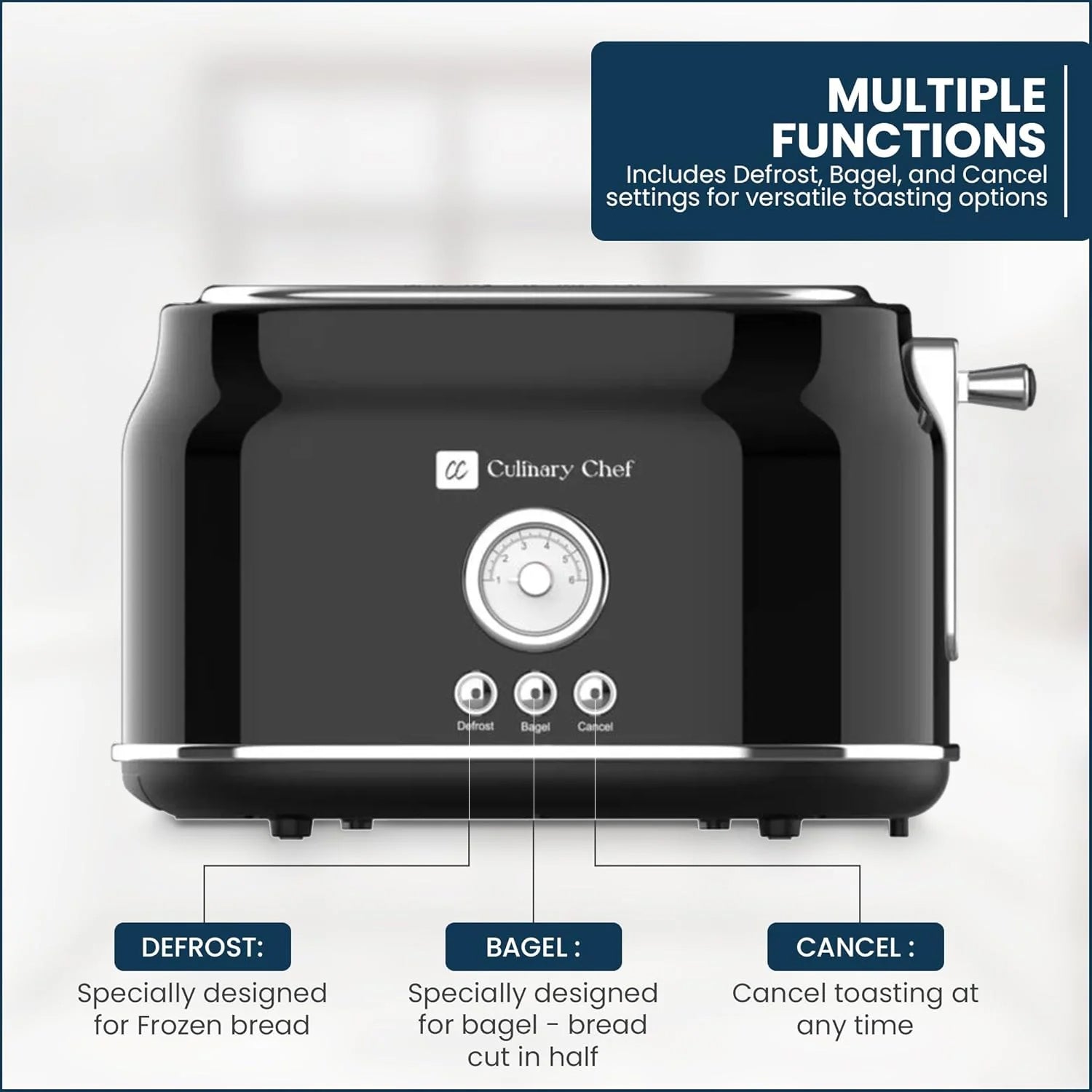 Culinary Chef Grille-Pain Rétro 2 Tranches – Fentes Larges, 5 Niveaux de Brunissage, Bagel, Décongélation et Annulation – 900W – Noir - Simple Boutique