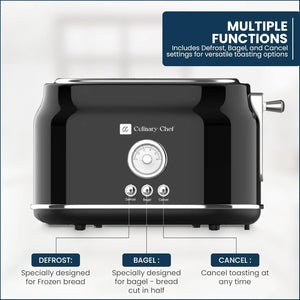 Culinary Chef Grille-Pain Rétro 2 Tranches – Fentes Larges, 5 Niveaux de Brunissage, Bagel, Décongélation et Annulation – 900W – Noir - Simple Boutique