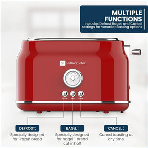 Culinary Chef Grille-Pain Rétro 2 Tranches – Fentes Larges, 5 Niveaux de Brunissage, Bagel, Décongélation et Annulation – 900W – Rouge - Simple Boutique