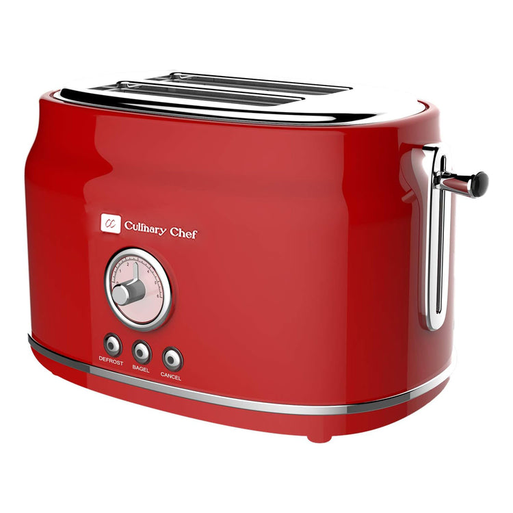 Culinary Chef Grille-Pain Rétro 2 Tranches – Fentes Larges, 5 Niveaux de Brunissage, Bagel, Décongélation et Annulation – 900W – Rouge - Simple Boutique