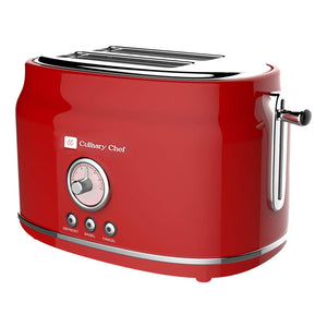 Culinary Chef Grille-Pain Rétro 2 Tranches – Fentes Larges, 5 Niveaux de Brunissage, Bagel, Décongélation et Annulation – 900W – Rouge - Simple Boutique