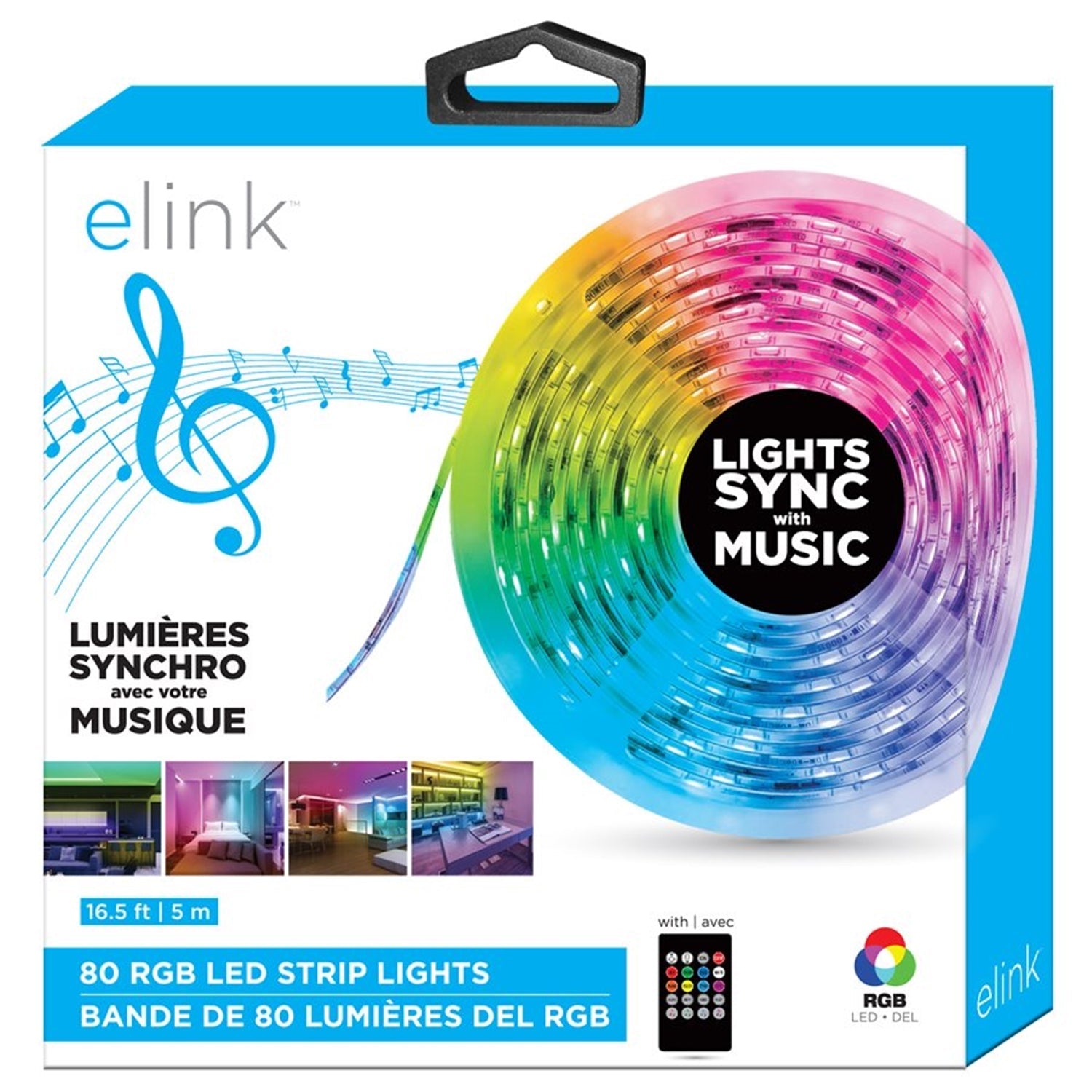 Elink - Bande Lumineuse DEL activé par le Son, Longeur de 16.5 Pieds avec Télécommande - Simple Boutique
