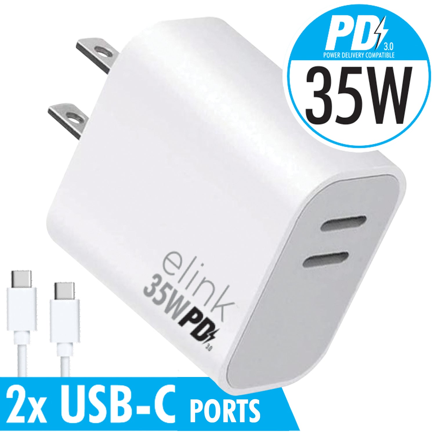 Elink - Chargeur Mural Rapide, Double Ports USB-C 3.0, 35W, Blanc - Simple Boutique