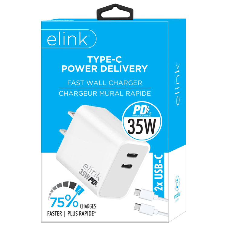Elink - Chargeur Mural Rapide, Double Ports USB-C 3.0, 35W, Blanc - Simple Boutique