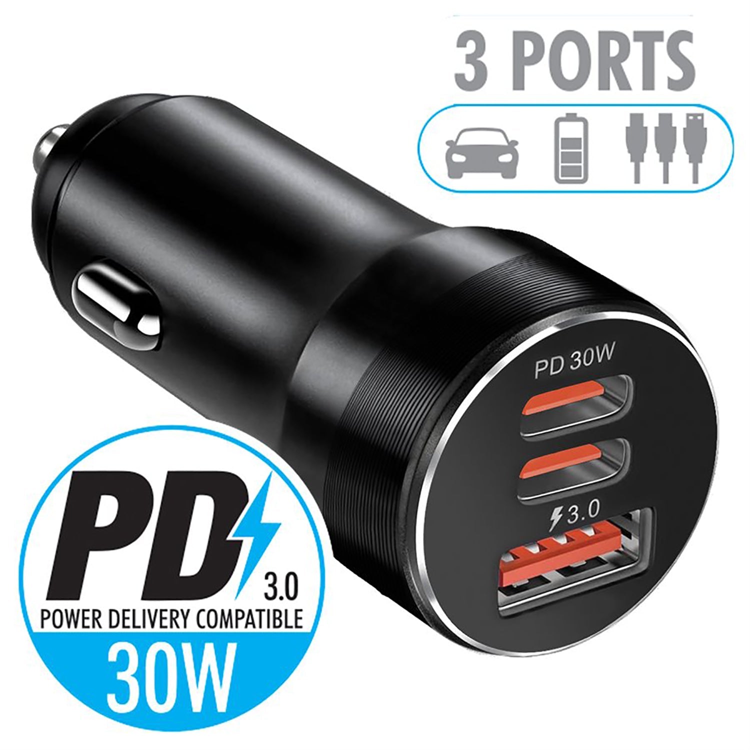 Elink - Chargeur pour Voiture avec Double Port USB Type-C et Un Port USB-A, Charge Rapide, Noir - Simple Boutique