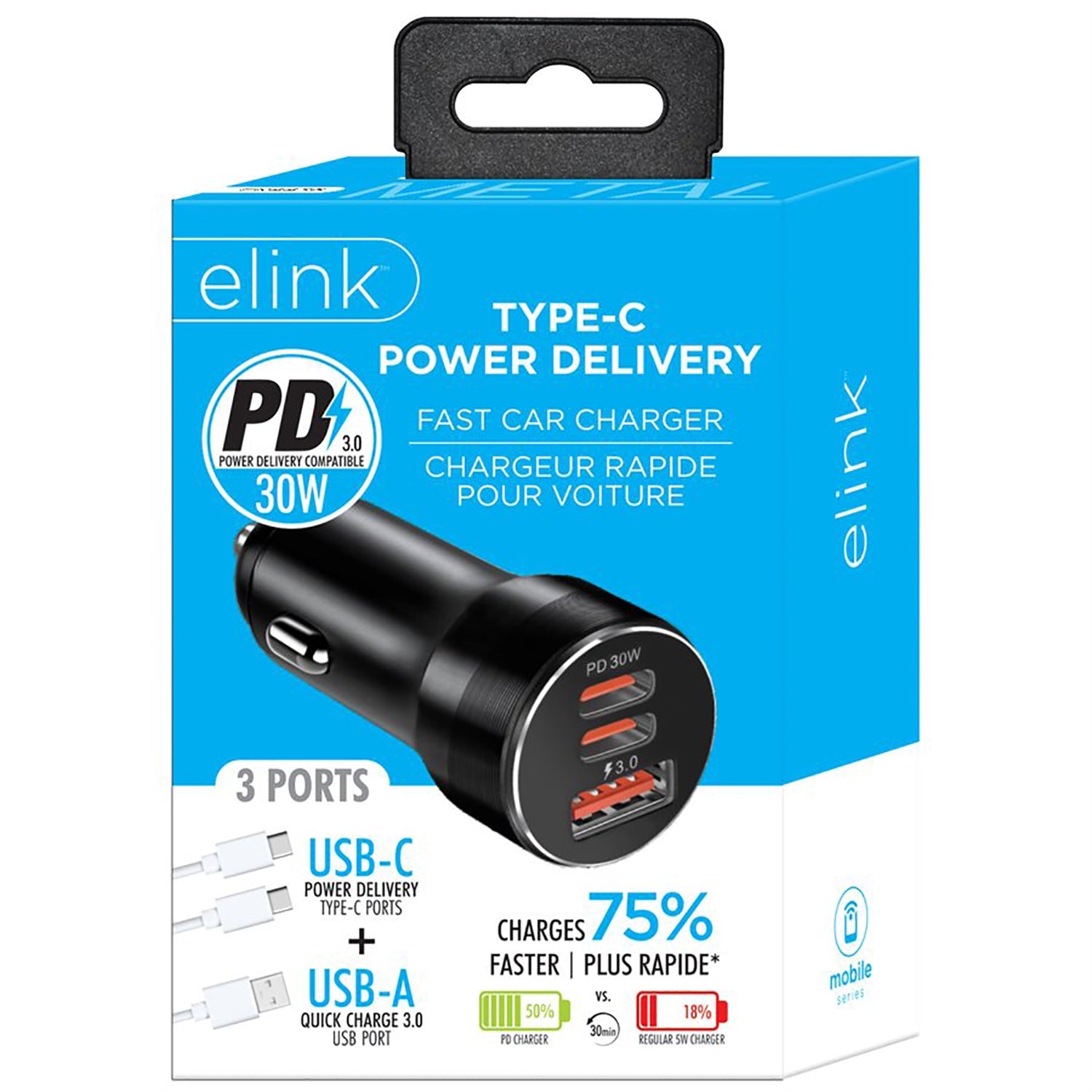Elink - Chargeur pour Voiture avec Double Port USB Type-C et Un Port USB-A, Charge Rapide, Noir - Simple Boutique
