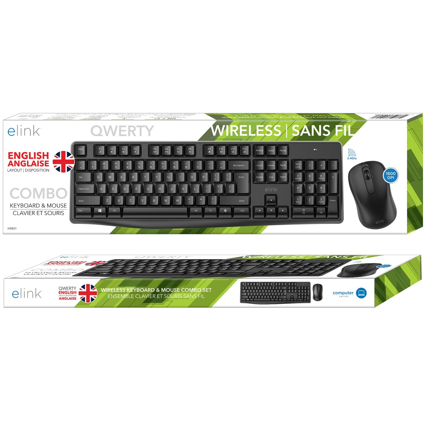 Elink - Ensemble Clavier Anglais et Souris Sans-Fil, 104 Touches, Noir - KB801 - Simple Boutique