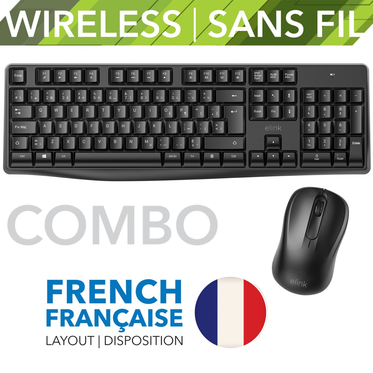 Elink - Ensemble Clavier Français et Souris Sans-Fil, 104 Touches, Noir - KB801F - Simple Boutique
