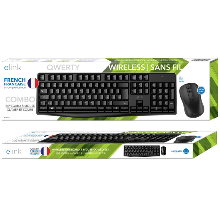 Elink - Ensemble Clavier Français et Souris Sans-Fil, 104 Touches, Noir - KB801F - Simple Boutique