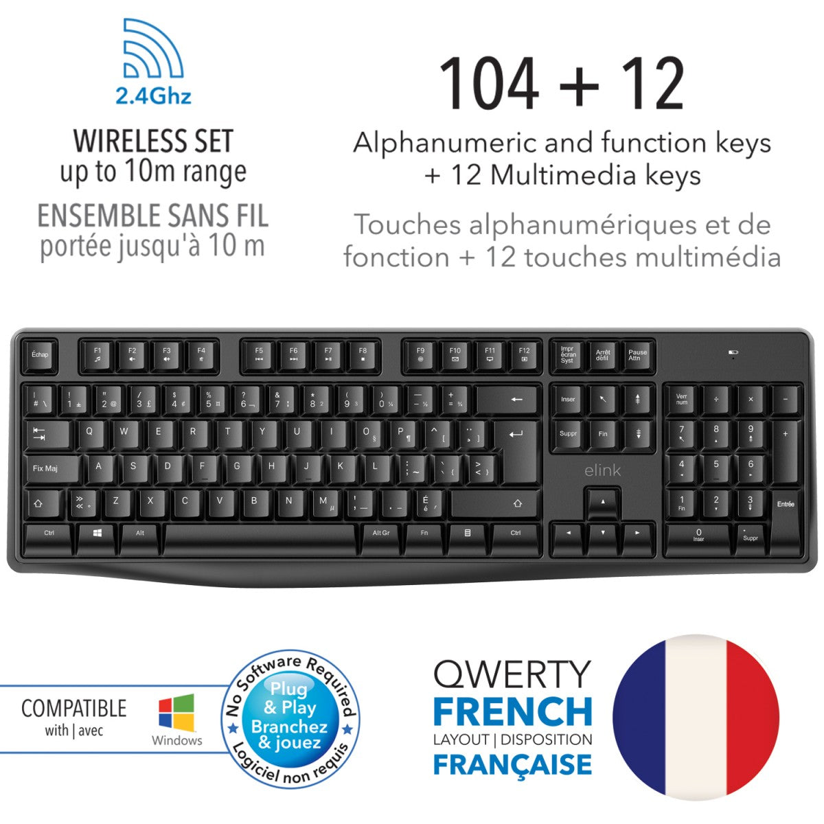 Elink - Ensemble Clavier Français et Souris Sans-Fil, 104 Touches, Noir - KB801F - Simple Boutique