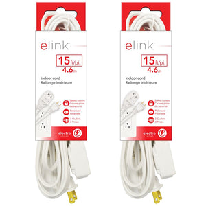 Elink - Lot de 2 Rallonges Électrique Intérieur à 3 Prises, Longueur de 15 Pieds, Blanc - Simple Boutique
