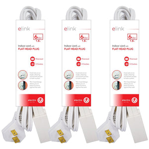 Elink - Lot de 3 Rallonge Électrique avec Fiche à Tête Plate, 3 Prises, Longeur de 6 Pieds, Blanc - Simple Boutique