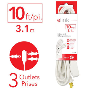 Elink - Lot de 3 Rallonges Électrique Intérieur à 3 Prises, Longueur de 10 Pieds, Blanc - Simple Boutique