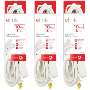 Elink - Lot de 3 Rallonges Électrique Intérieur à 3 Prises, Longueur de 10 Pieds, Blanc - Simple Boutique