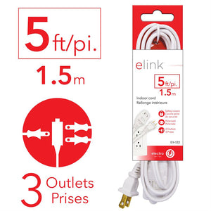 Elink - Lot de 3 Rallonges Électrique Intérieur à 3 Prises, Longueur de 5 Pieds, Blanc - Simple Boutique