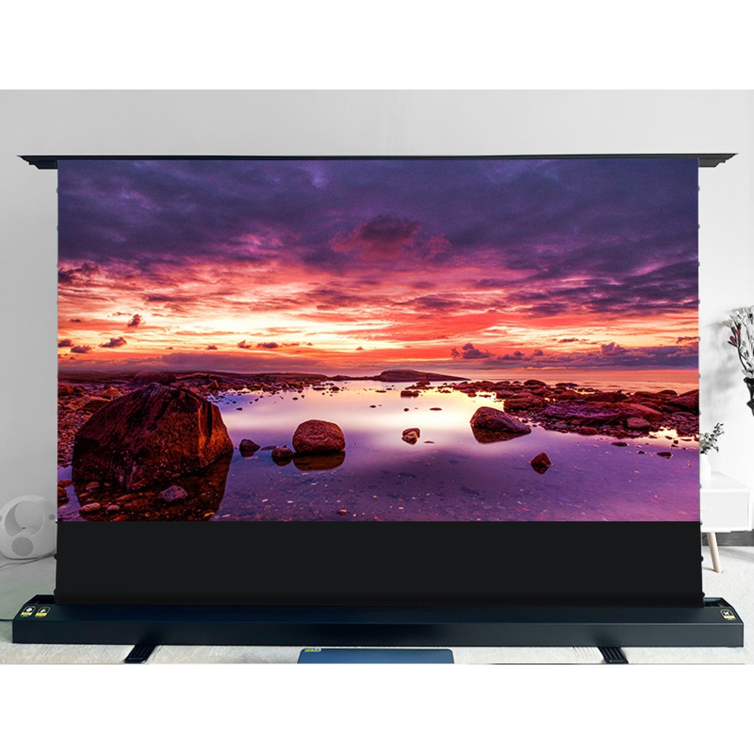EluneVision - Écran de Projection ALR Motorisé au Sol "Tab-Tension", Aurora 8K, 16:9, Rejet de la Lumière Ambiante, Focal Ultra Courte - Simple Boutique