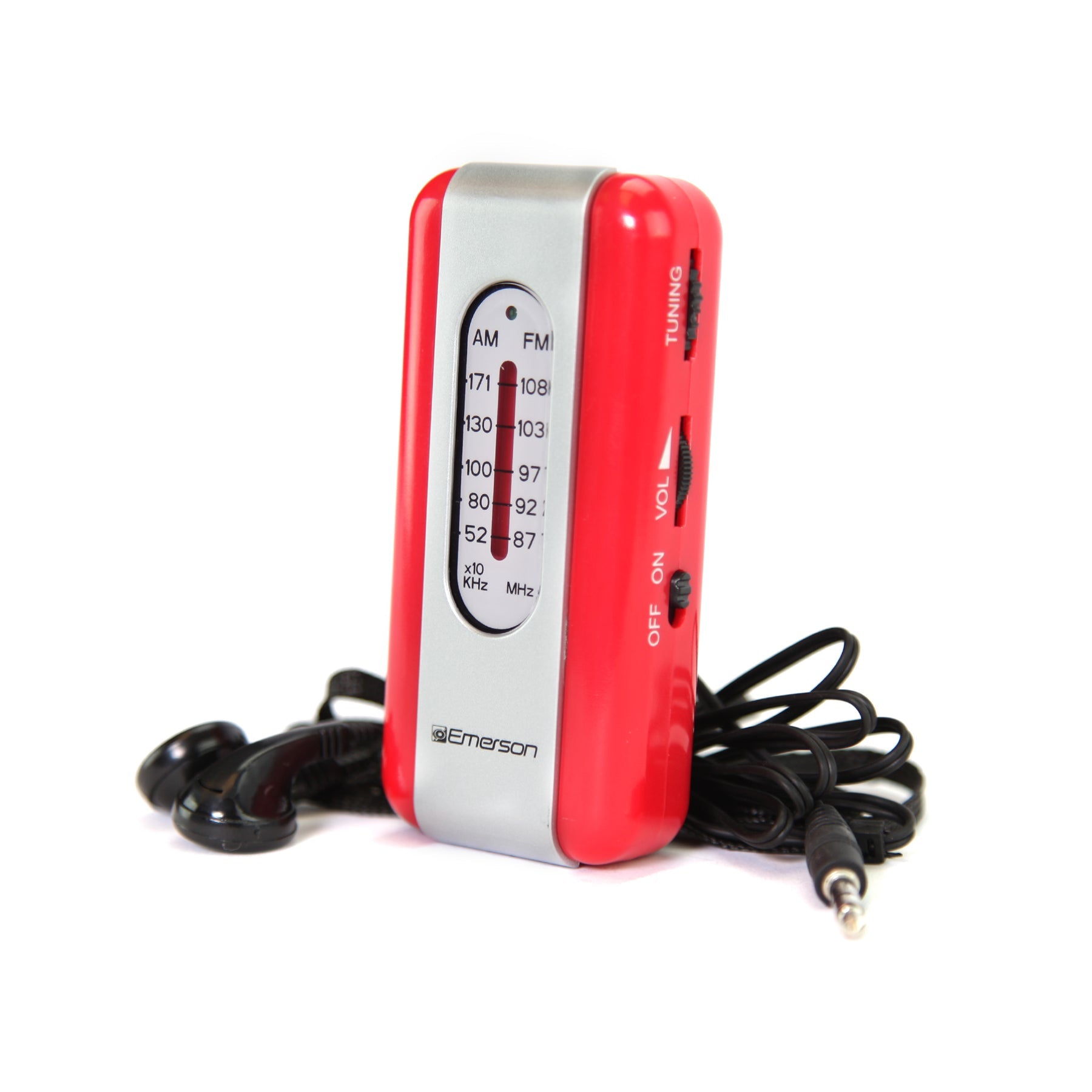 Emerson - Mini Radio AM/FM Portable, avec Écouteurs inclus, Argent et Rouge - ER-7002-RD - Simple Boutique