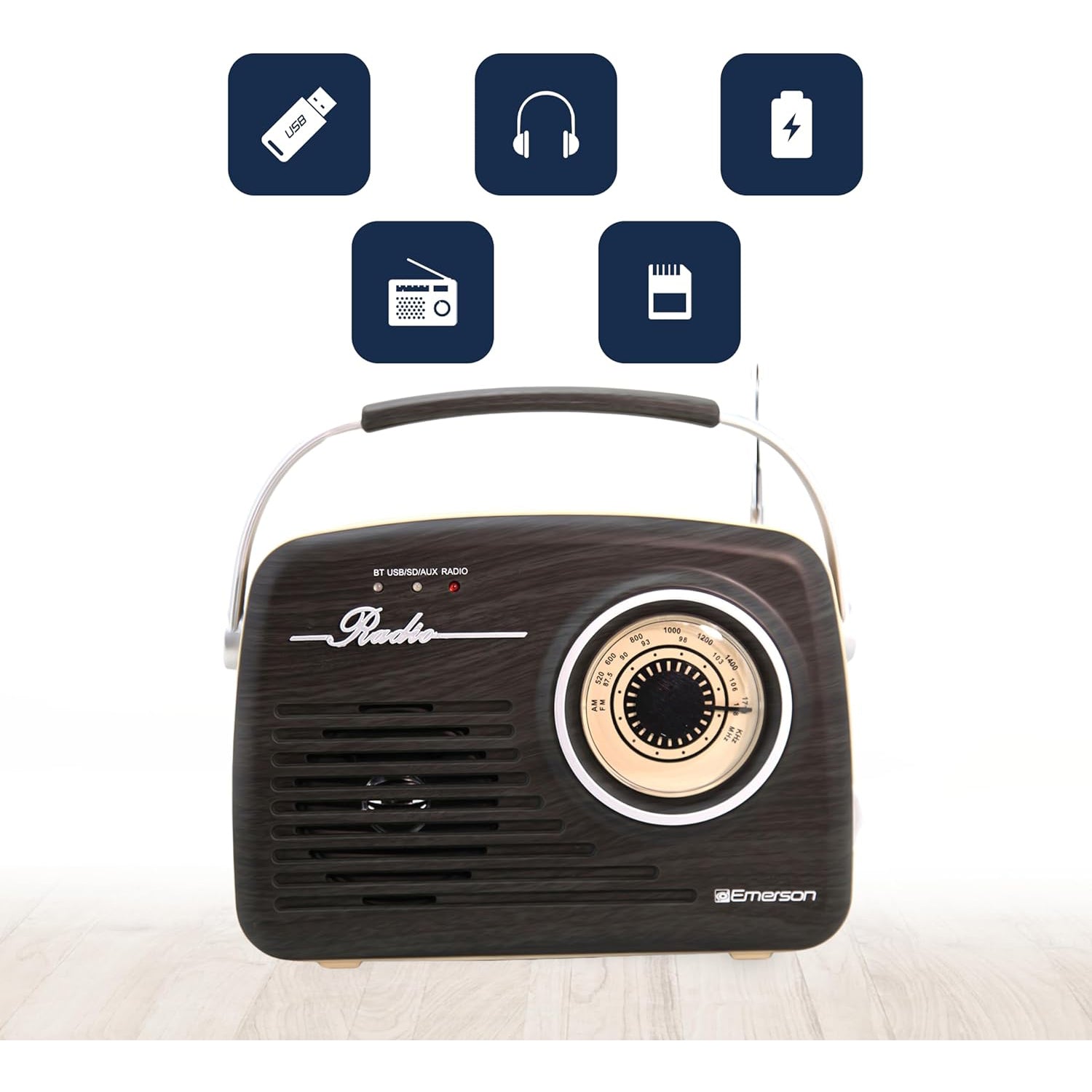 Emerson - Radio Rétro Portable avec Batterie Rechargeable, Bluetooth 5.0 - Simple Boutique