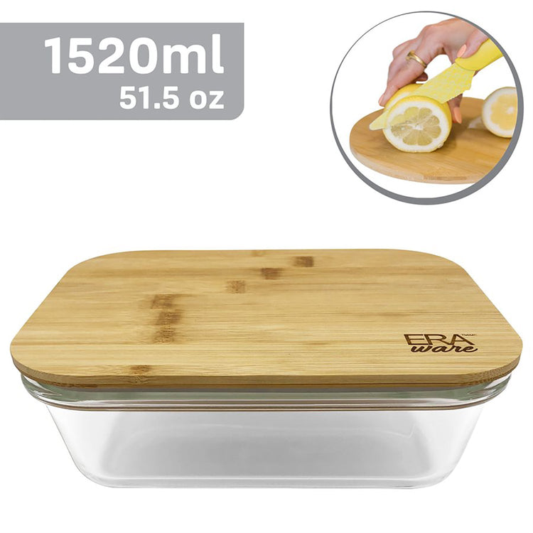 EraWare - Ensemble de 2 Plats en Verre Borosilicate, Couvercle en Bambou, Vont au Four, 1520ml - Simple Boutique