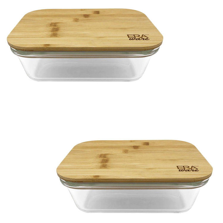 EraWare - Ensemble de 2 Plats en Verre Borosilicate, Couvercle en Bambou, Vont au Four, 1520ml - Simple Boutique