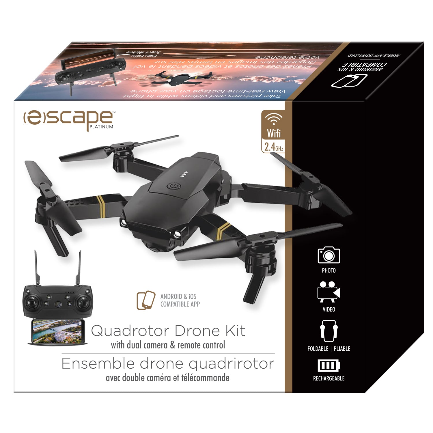 Escape - Drone Quadrirotor Pliable avec Double Caméra et Télécommande, Noir - Simple Boutique