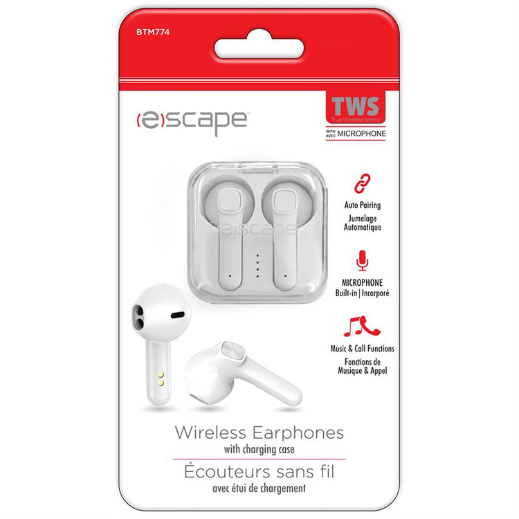 Escape - Écouteurs Intra-Auriculaires Sans-Fil avec Microphone et Boitier de Chargement, Blanc - Simple Boutique