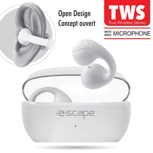Escape - Écouteurs Sans-Fil à Clip D'oreille avec Microphone et Boitier de Chargement, Blanc - Simple Boutique