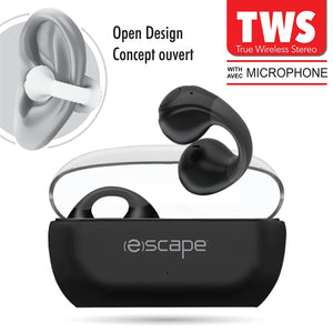 Escape - Écouteurs Sans-Fil à Clip D'oreille avec Microphone et Boitier de Chargement, Noir - Simple Boutique