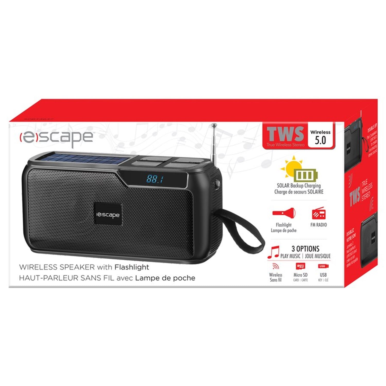 Escape - Haut-Parleur Bluetooth Rechargeable à L'énergie Solaire avec Radio FM et Lampe de Poche, Noir - Simple Boutique