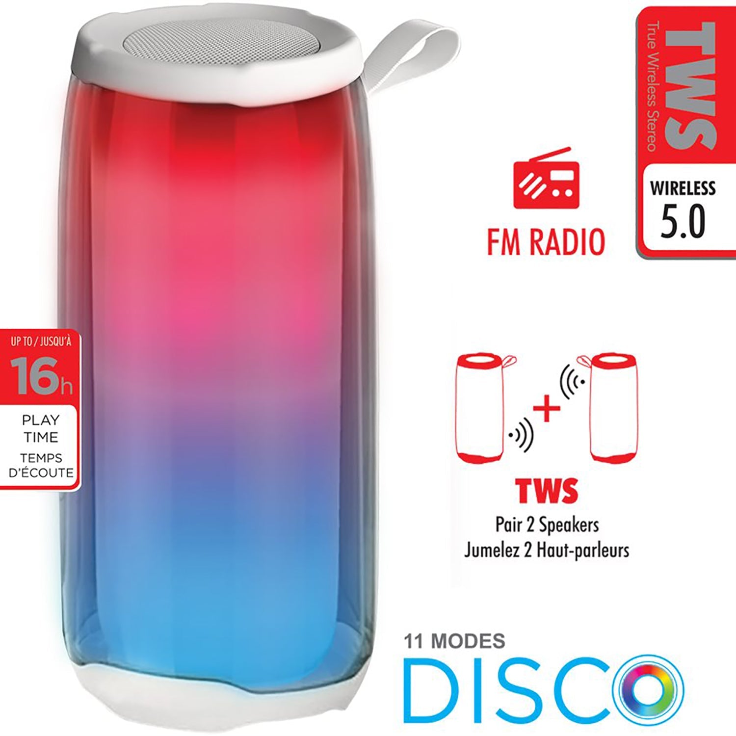 Escape - Haut-Parleur Sans-Fil Portable avec Microphone, Radio FM et Éclairage Disco, Blanc - Simple Boutique