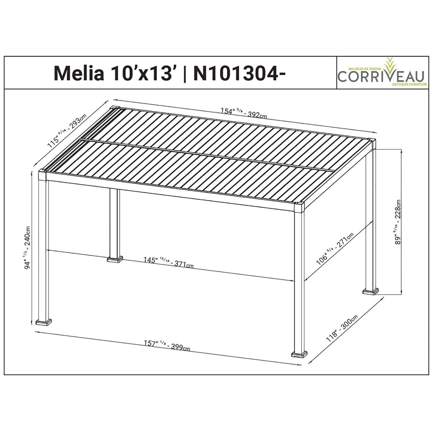 F. Corriveau International - Pergola Mélia en Aluminium avec Parisienne Ajustable, 10'x13', Noir - Simple Boutique