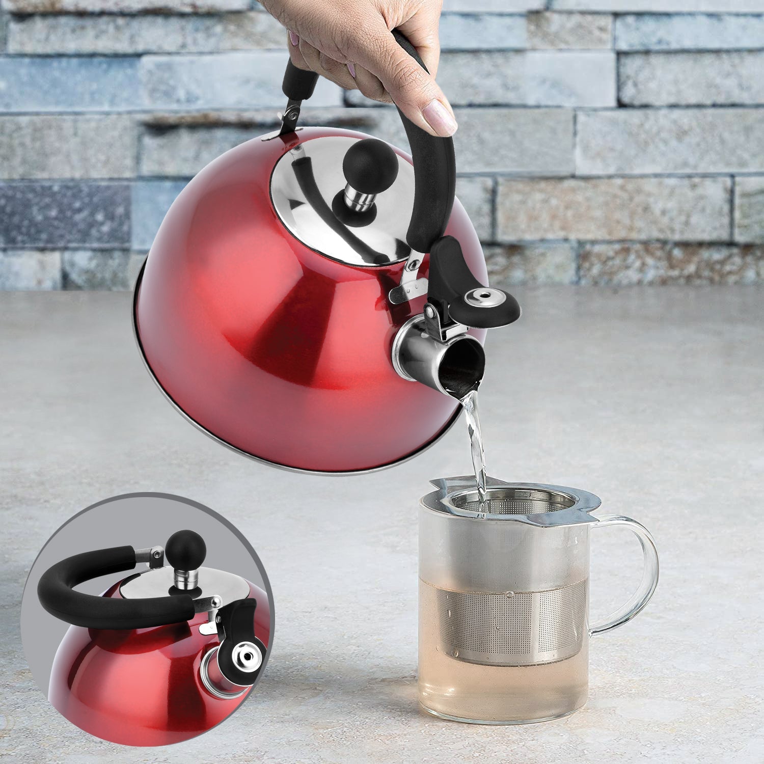 Hauz - Bouilloire Sifflante en Acier Inoxydable, Capacité de 2 Litres, Rouge - Simple Boutique