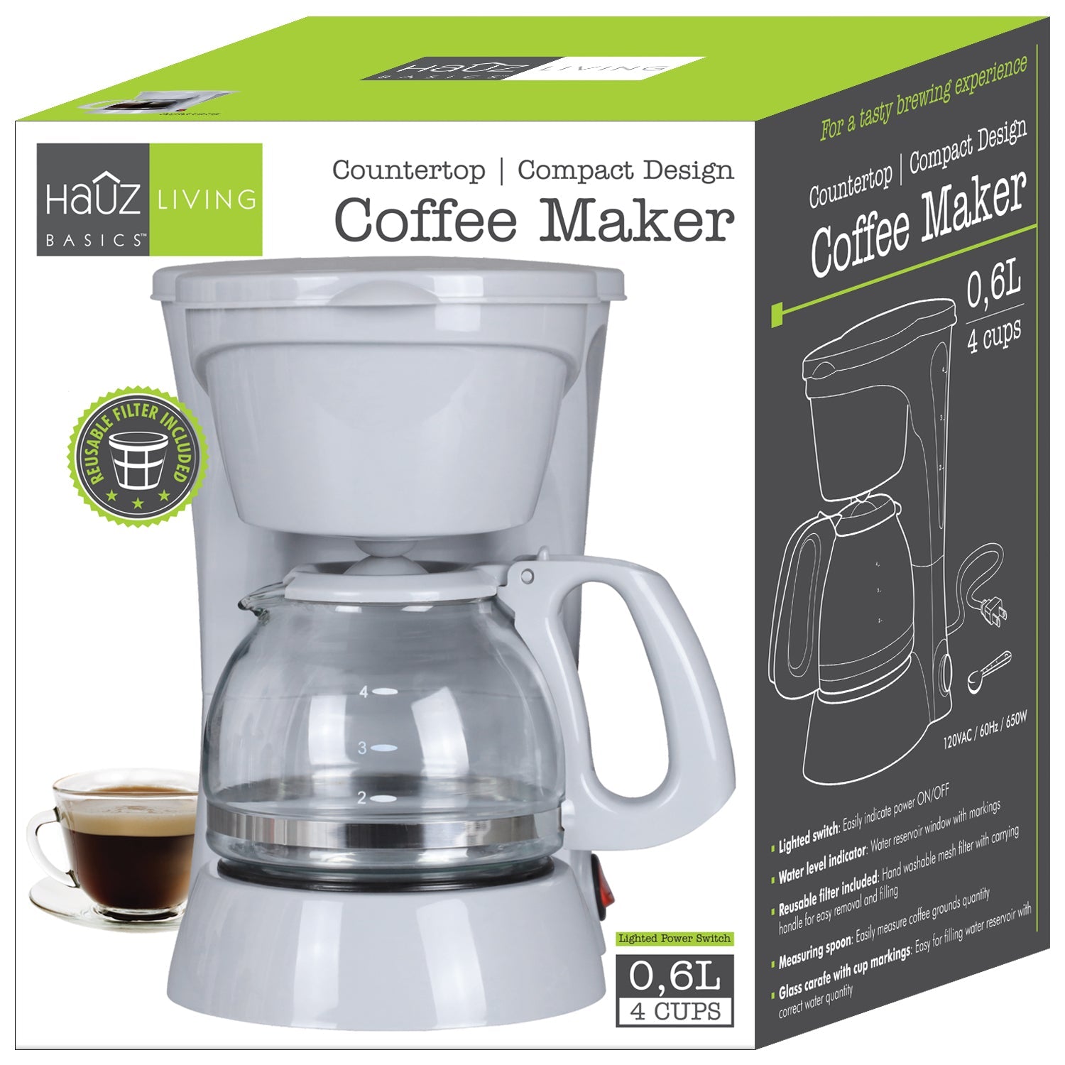 Hauz - Cafetière 4 Tasses, Design Compact, Filtre Réutilisable - Simple Boutique