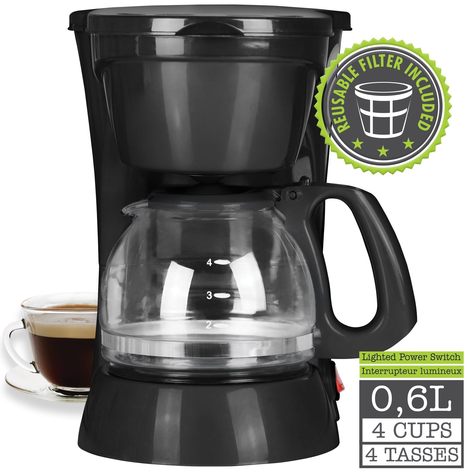 Hauz - Cafetière 4 Tasses, Design Compact, Filtre Réutilisable, Noir - Simple Boutique