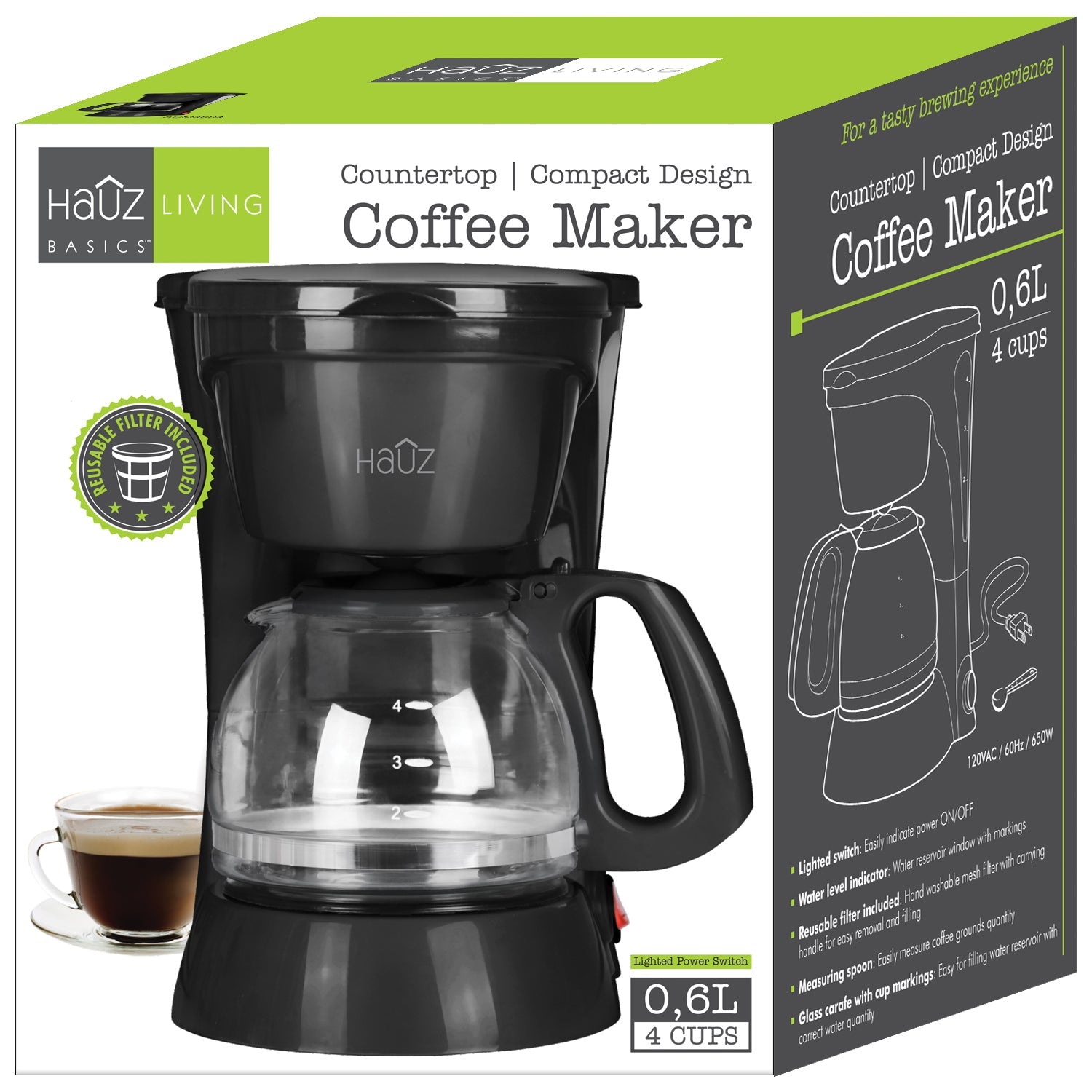 Hauz - Cafetière 4 Tasses, Design Compact, Filtre Réutilisable, Noir - Simple Boutique