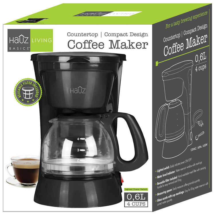 Hauz - Cafetière 4 Tasses, Design Compact, Filtre Réutilisable, Noir - Simple Boutique