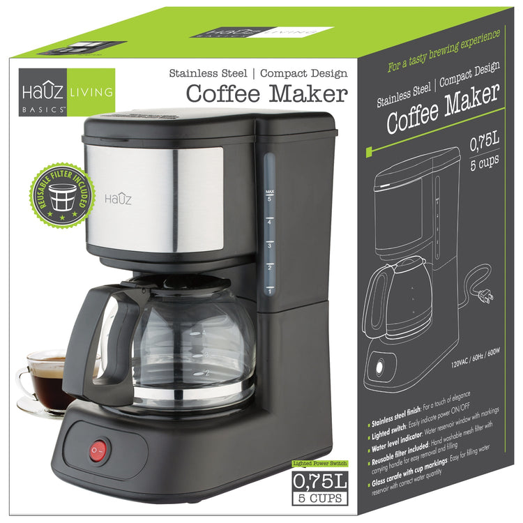 Hauz - Cafetière 5 Tasses en Acier Inoxydable, Design Compact, Filtre Réutilisable - Simple Boutique