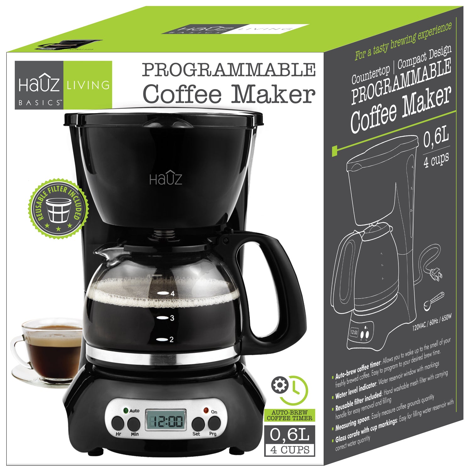 Hauz - Cafetière Numérique Programmable, Capacité de 4 Tasses, Design Compact - Simple Boutique