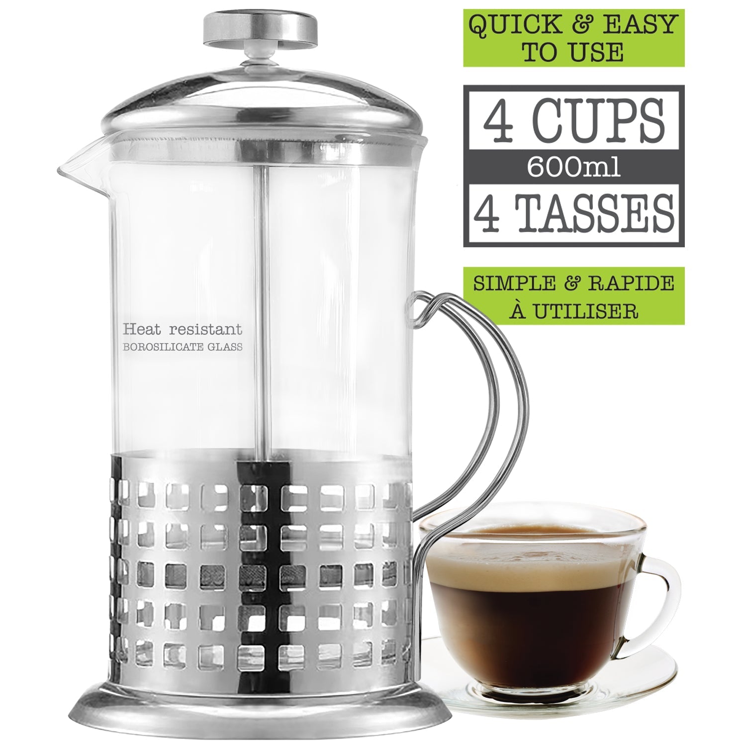 Hauz - Cafetière à Piston en Verre Borosilicate, Capacité de 600ml - Simple Boutique