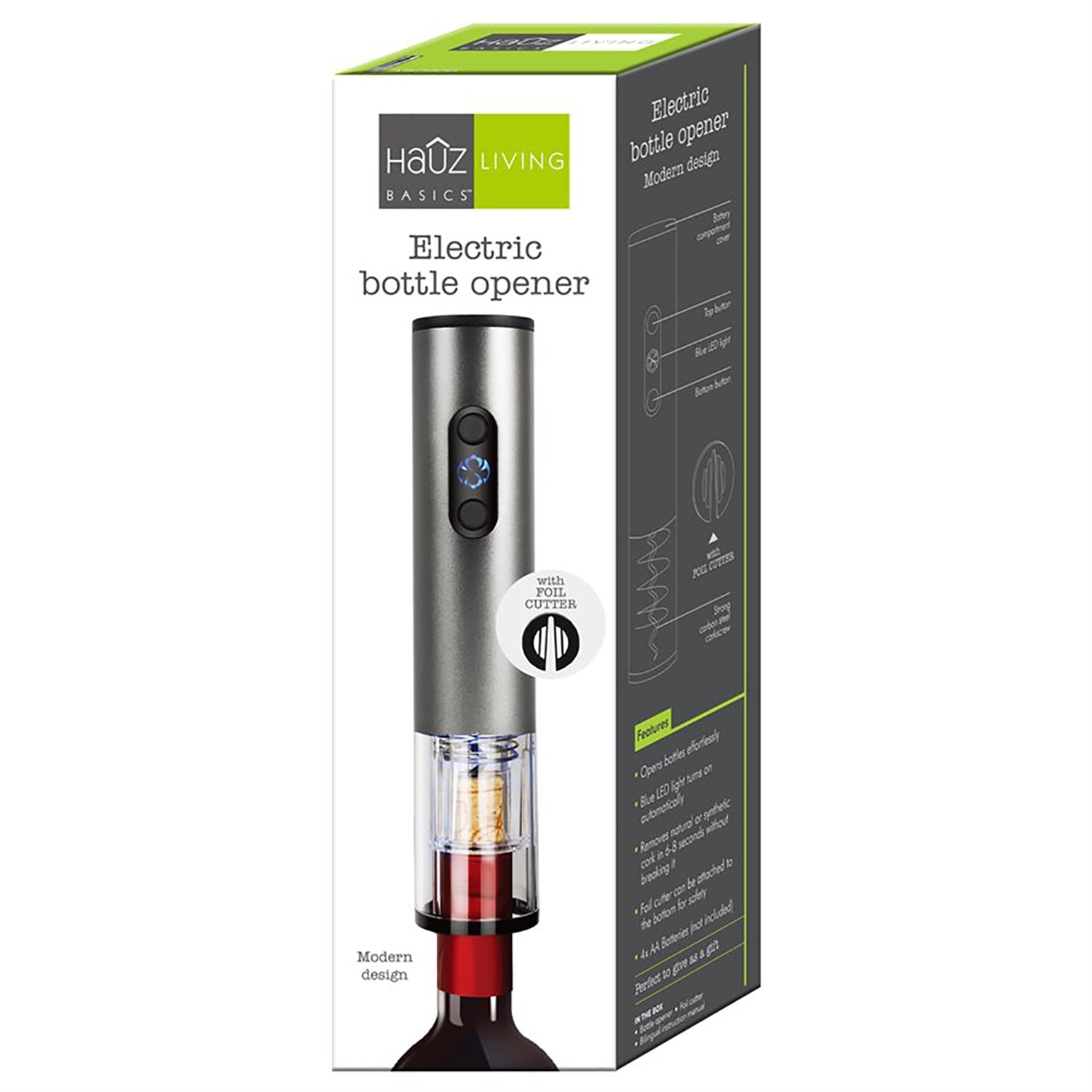 Hauz - Ouvre-Bouteille Électrique à Piles avec Coupe-Capsule, Argenté - Simple Boutique