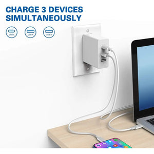 HuntKey - Chargeur Mural 1 Prise USB-C et 2 Prises USB-A Avec Câble de 1.8m, Blanc - Simple Boutique