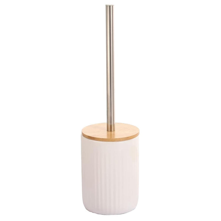 ITY International - Brosse à Toilette avec Contenant en Céramique et Couvercle en Bambou, Blanc - Simple Boutique