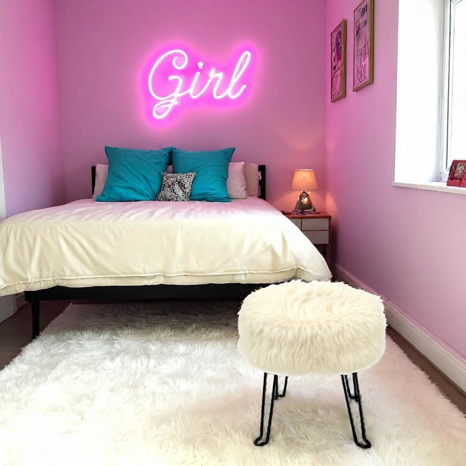 ITY International - Pouf Duveteux avec Base en Métal, 14.5'' x 15.7'', Blanc - Simple Boutique