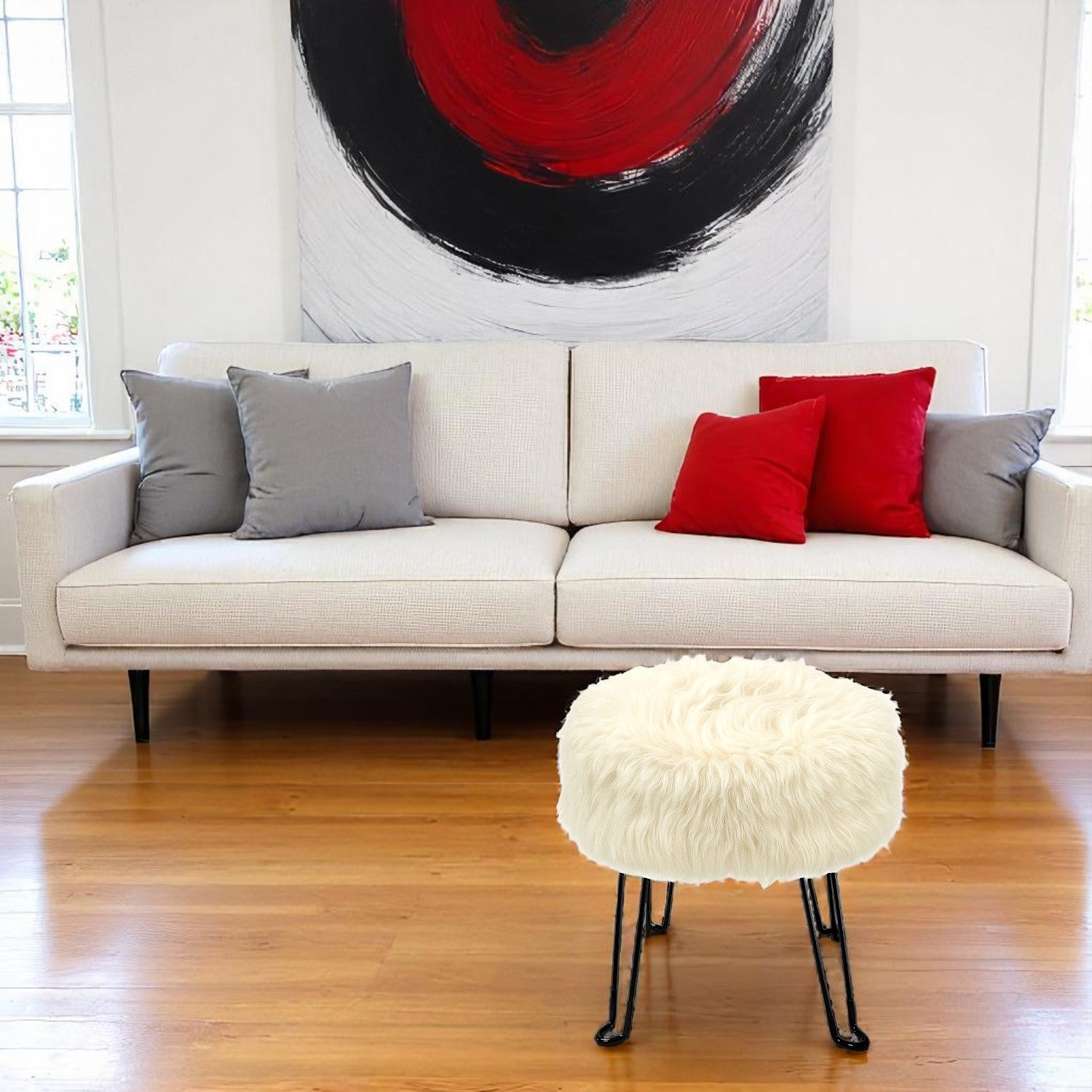 ITY International - Pouf Duveteux avec Base en Métal, 14.5'' x 15.7'', Blanc - Simple Boutique