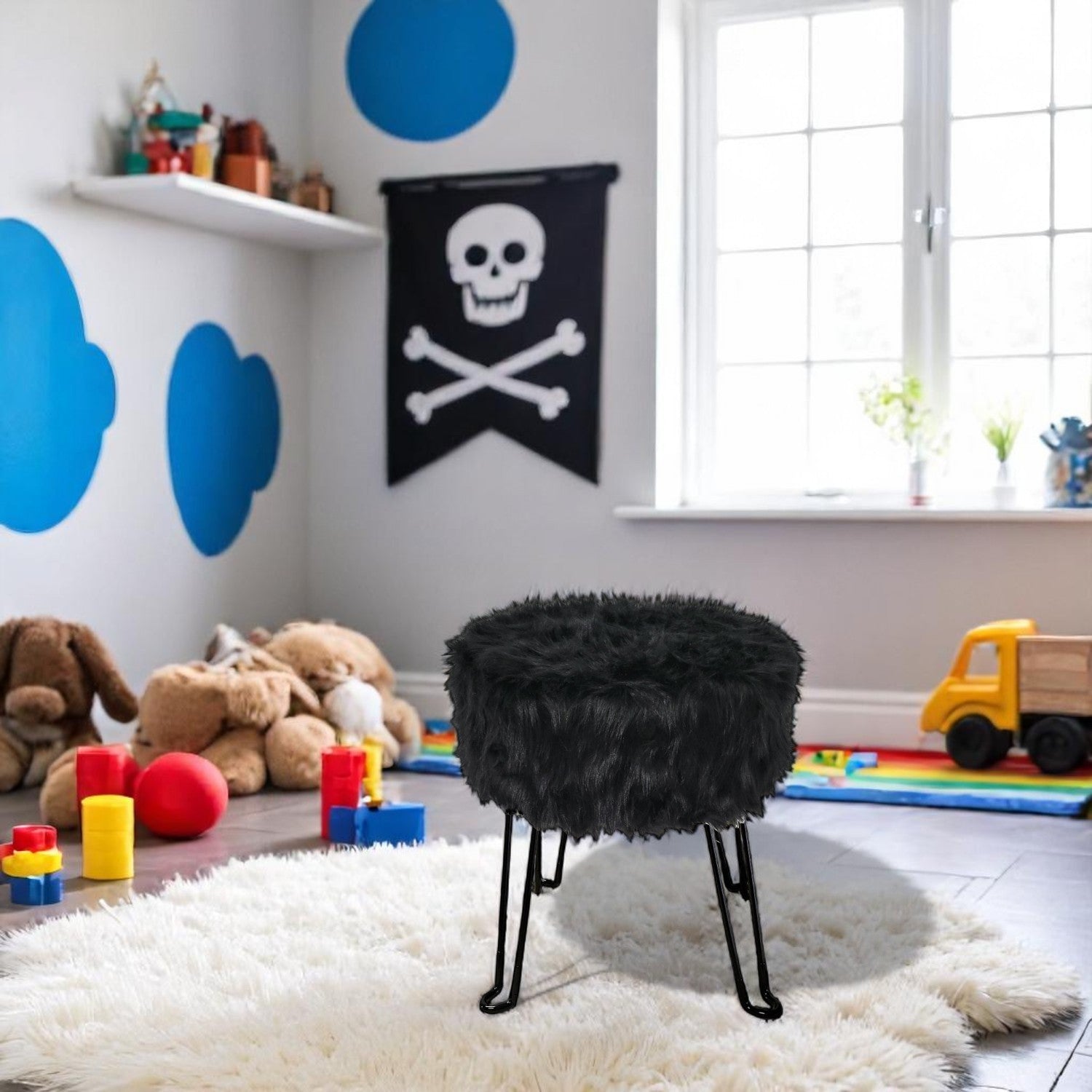 ITY International - Pouf Duveteux avec Base en Métal, 14.5'' x 15.7'', Noir - Simple Boutique