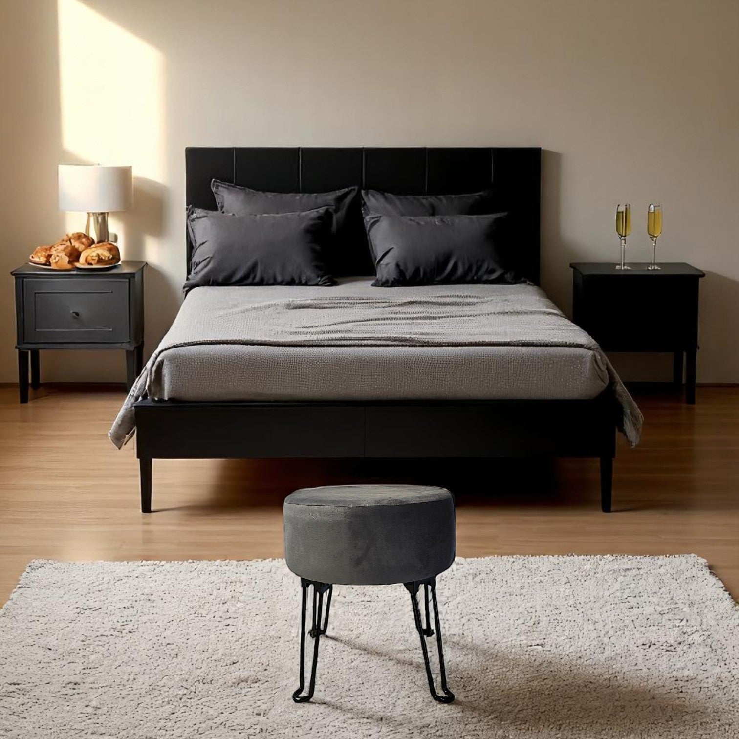 ITY International - Pouf en Velour avec Base en Métal, 14.5'' x 15.7'', Gris Charbon - Simple Boutique