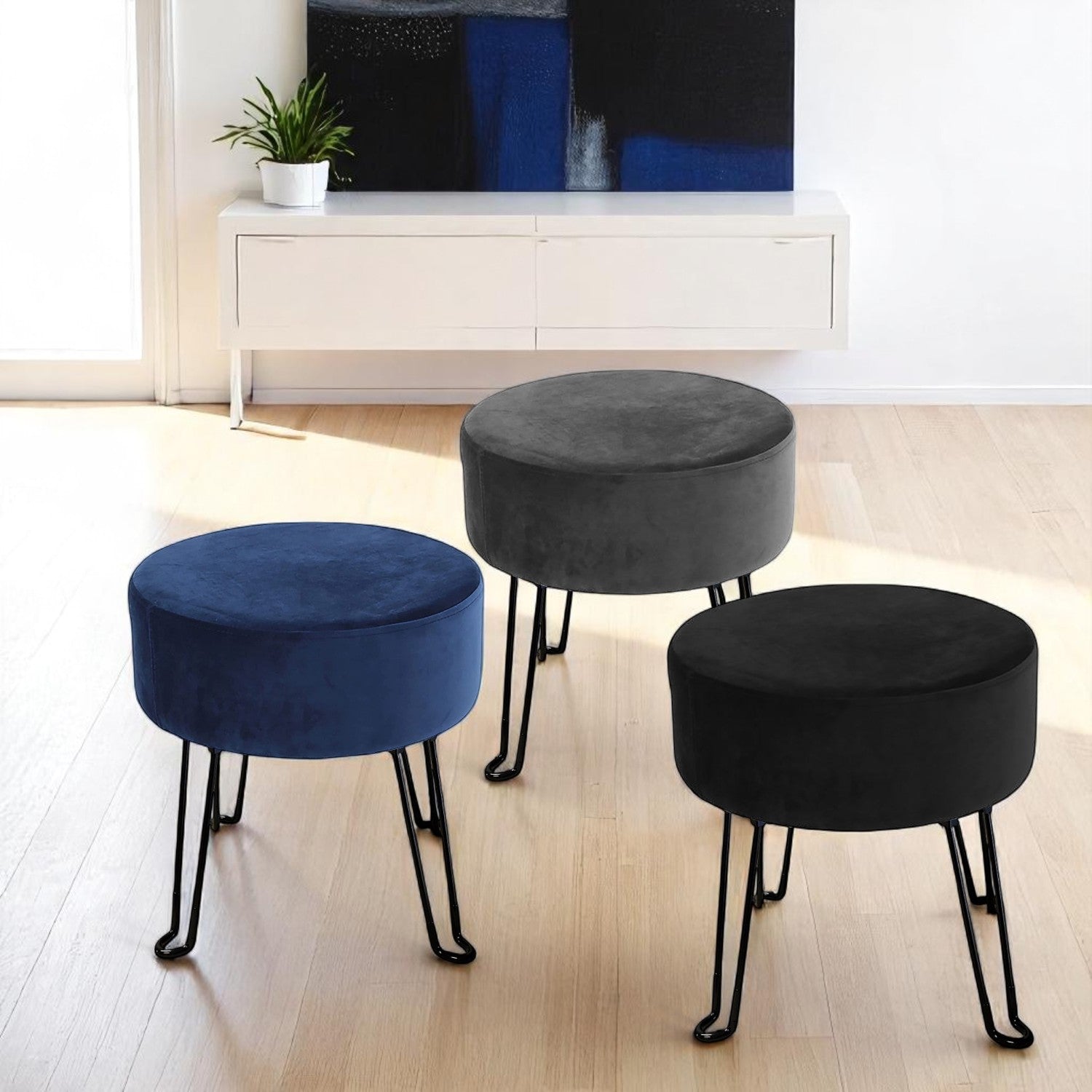 ITY International - Pouf en Velour avec Base en Métal, 14.5'' x 15.7'', Gris Charbon - Simple Boutique