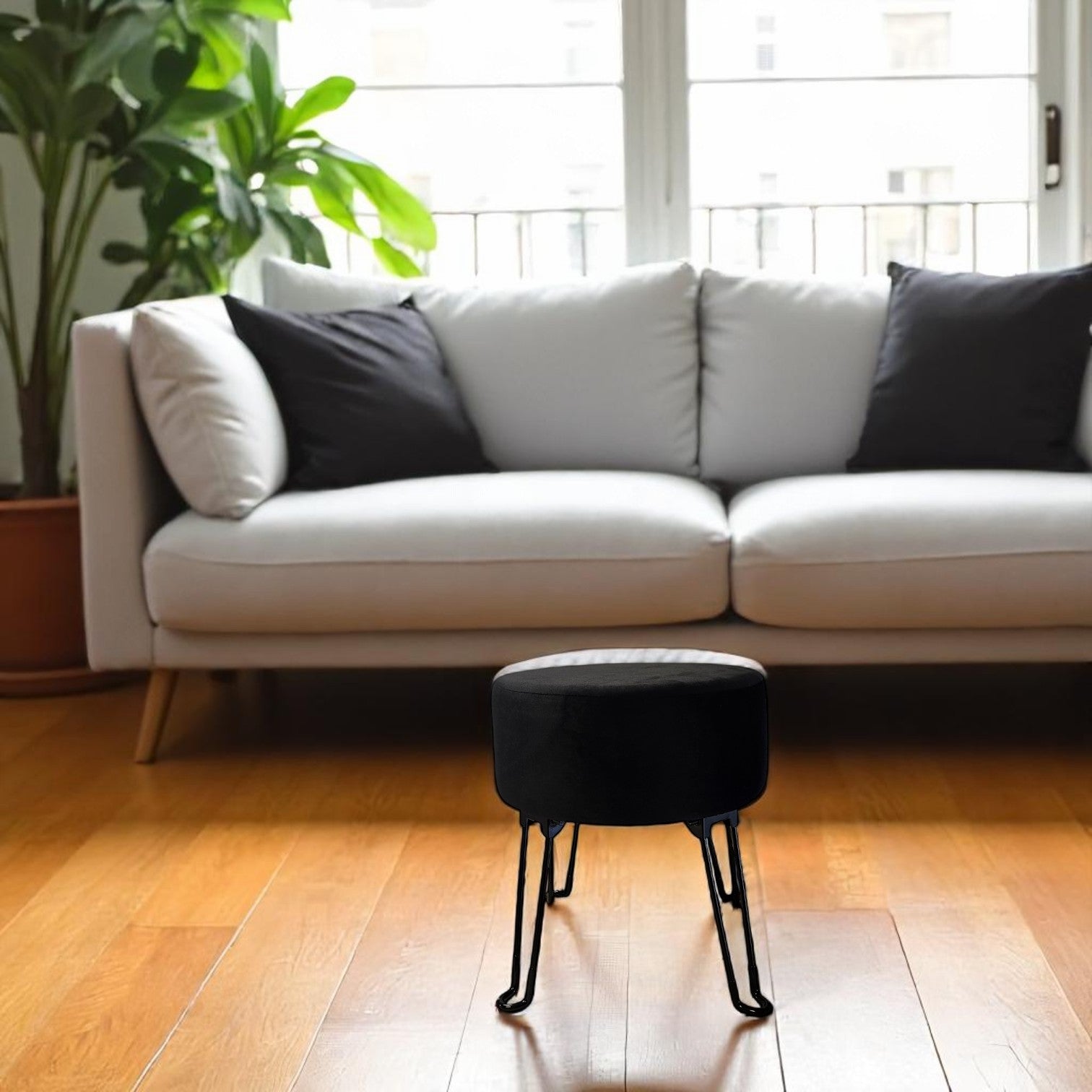 ITY International - Pouf en Velours avec Base en Métal, 14.5'' x 15.7'', Noir - Simple Boutique